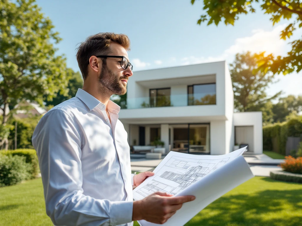 Een architect wijst naar een moderne huisuitbreiding zonder vergunning, met blauwdrukken in de hand, tegen een achtergrond van een strak wit huis en groene tuin.